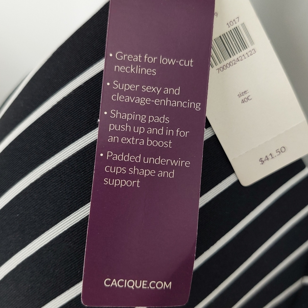 Cacique Boost Plunge Cleavage Solution Black White Stripe Bra, 40C - Picture 11 of 13